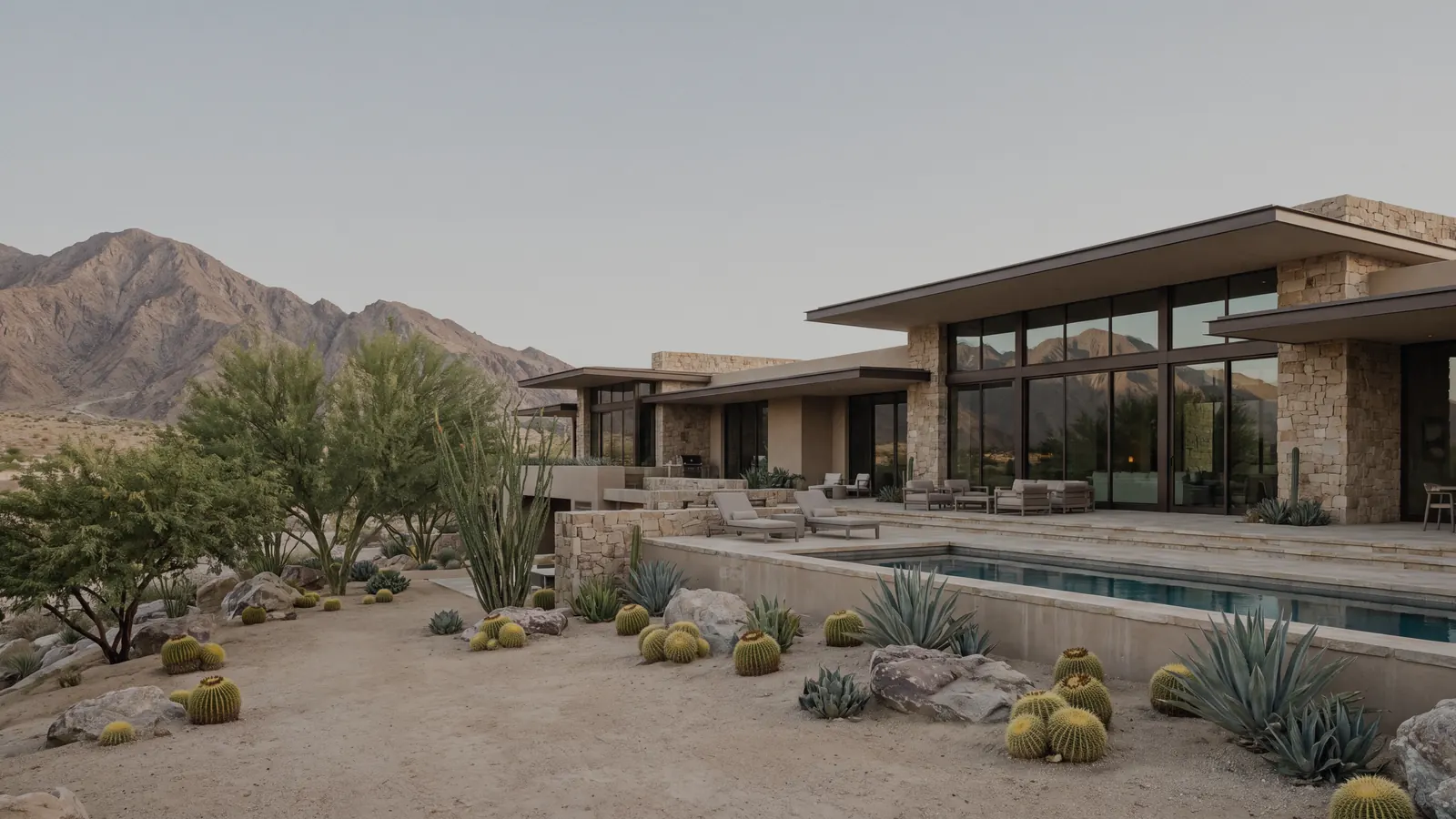 A low modern home with a pool and a cactus garden below desert mountains